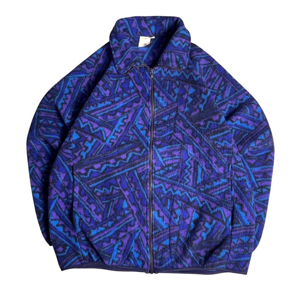 Vintage Geometric Fleece Jacket Blue Purple Abstract Full Zip Mock Neck Large